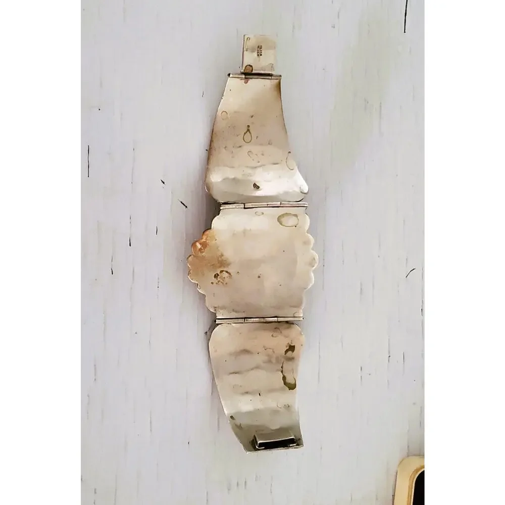 Vintage Large Silver Panel Onyx Mexico Panel Bracelet
